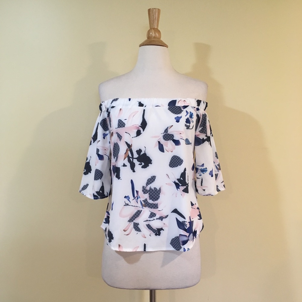 Off Shoulder High Low Modern Floral Short Flutter Sleeve Blouse - Picture 4 of 6